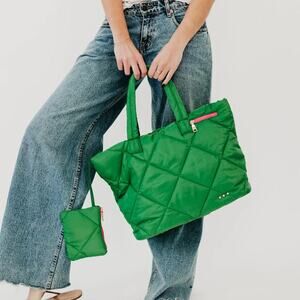 Presley Nylon Quilted Puffer Tote Bag With Pouch Emerald Green